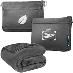 PAVILIA Travel Blanket Pillow in Soft Bag with Pockets, Airplane Blanket Set, Plane Blanket Compact Packable, Flight Essentials Car Pillow, Travelers Accessories Gifts, Luggage Strap, Grey