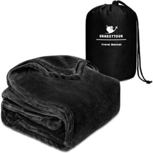 Travel Blanket Airplane Compact, Soft Plush Throw Blanket for Couch, Airplane Blanket with Portable Drawstring Bag for Flighting, Office Napping 43x60 inches Black
