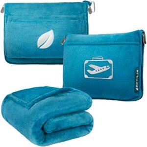 PAVILIA Travel Blanket Pillow in Soft Bag with Pockets, Airplane Set, Plane Compact Packable, Flight Essentials Car Pillow, Travelers Accessories Gifts, Luggage Strap, Turquoise, Sea Blue