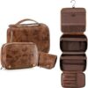 Elviros Toiletry Bag Hanging Travel Organizer for Men and Women, 3 in 1 Multifunctional Large Makeup Cosmetic Case for Toiletries Accessories, Water-Resistant PU Leather Bathroom Dopp Kit Shaving Bag