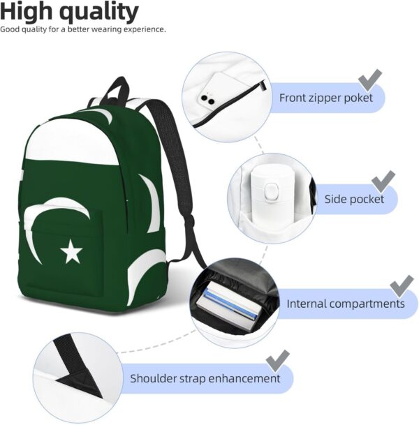 WURTON Flag Of Pakistan Print Canvas Backpack Style Outdoor Travel Bag Casual Daypack Cloth Zippered Rucksack - Image 5